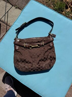 Brown Signature Canvas Shoulder Bag with Brass Hardware
